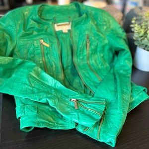 Michael Kors Green Moto Leather Jacket - Size XS